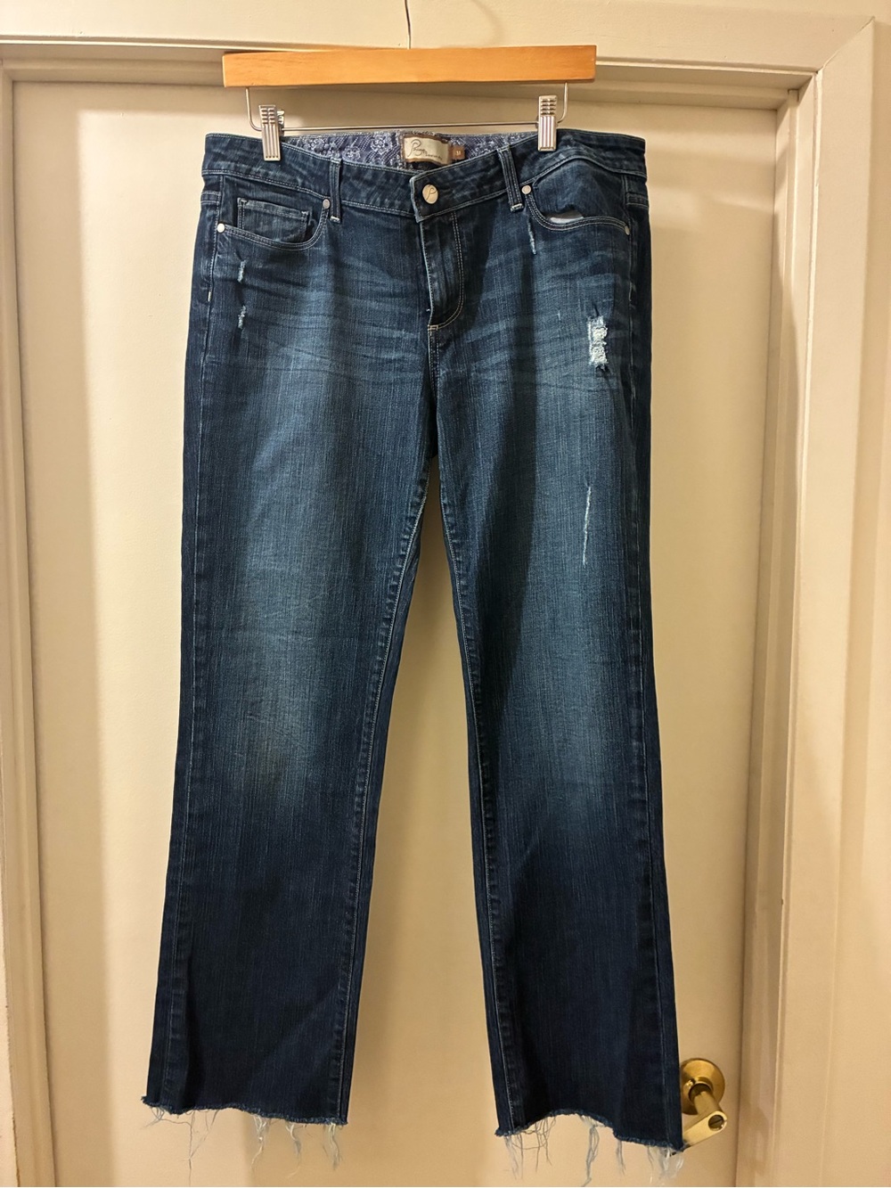Paige Women’s Dark Blue Distressed Straight-Leg Jeans EUC
